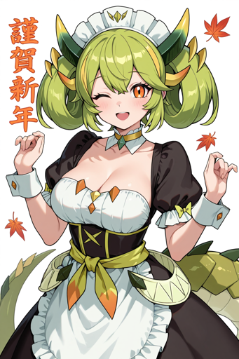 A young woman with orange eyes, bright green hair, Dark green and yellow horns on her head, and a winking, open-mouthed smile, posing with her hands raised in a playful claw-like gesture. She is wearing a French maid uniform, complete with a white apron and headpiece, which is customized to accommodate her large green and gold horns and green tail. There is text on the left reading happy new year and floating maple leaves throughout the background