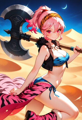 A young woman with pink eyes, pink hair in a high ponytail, and a slight smile holding a large battle axe over her shoulder. She is wearing an orange tiger-striped headband, a fang necklace, a cropped black vest over a tiger-striped bikini top, and matching tiger-striped pink fur-trimmed boots and sash around her waist. The setting is a desert with large sand dunes visible in the background, under a dark blue sky with a crescent moon. 