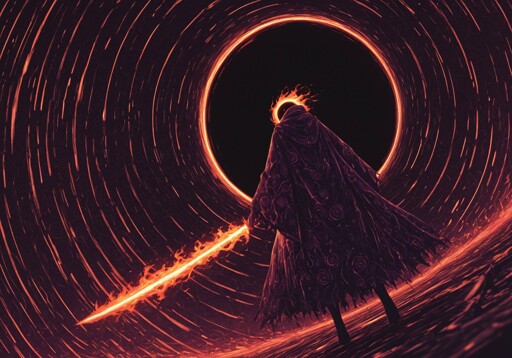 A figure wielding a flaming sword with a halo of of orange and red fire that extends to the edge of the frame. The warrior wears a dark purple hooded cloak with intricate circular patterns, with flames crowning their head. The background consists of a black void at the center of the halo with swirling streaks of orange and red light that spread outward from the central halo. The camera angle is at ground level, looking slightly upward at the figure.