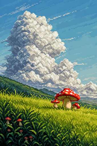 A pixelated landscape scene featuring a red-capped mushrooms with white spots and beige stems against rolling green hills covered in grass texture. The mushrooms vary in size, with smaller specimens in the foreground and larger ones in the middle ground. Towering white cumulus clouds with gray shadows fill the bright blue sky, creating dramatic vertical formations that stretch upward. 