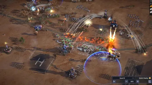 A mechabellum battle in progress. The hounds are extinguishing a flame that has just been played in front of the fangs in round 10