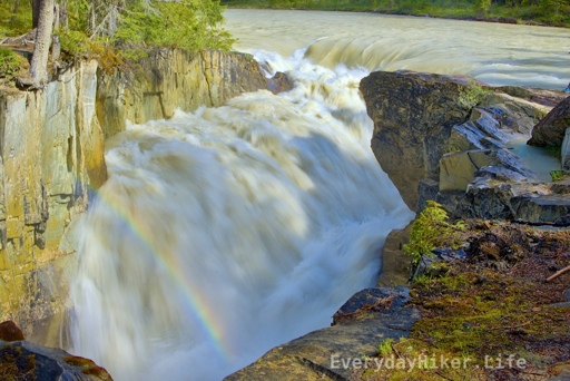 Horizontal shot of the blown out falls taken at an exposure 1/13.  A rainbow can still be seen in the mist.